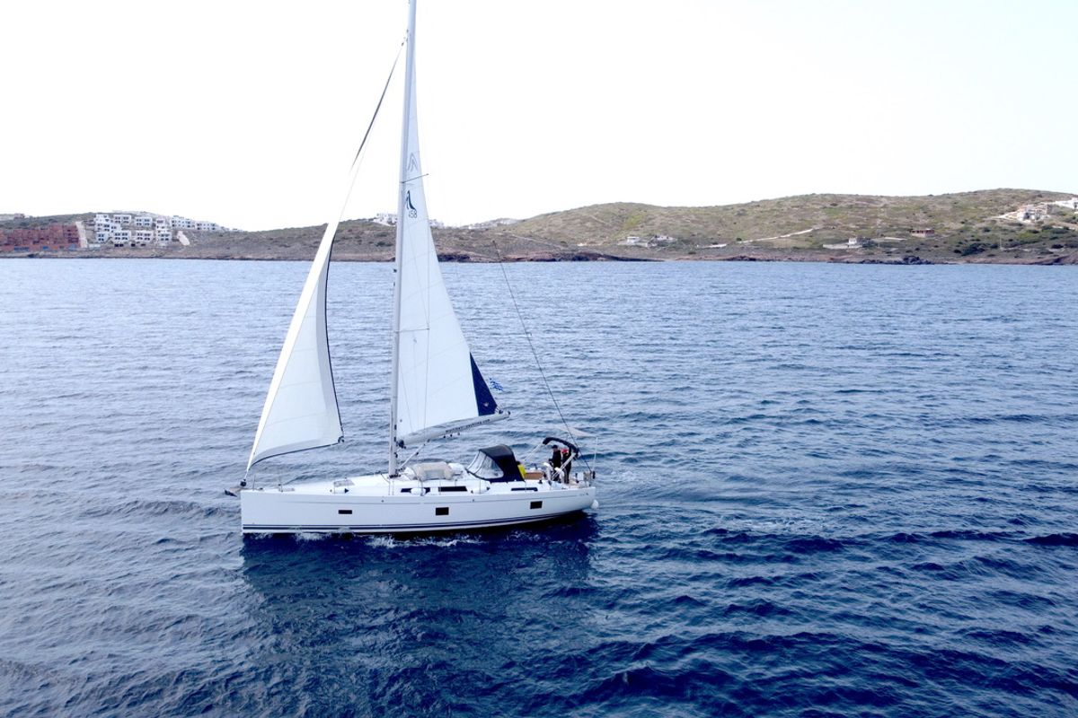 Exterior view of Melusine, a Hanse Yachts Hanse 458 sailboat at Lavreotiki Municipal Unit, Greece