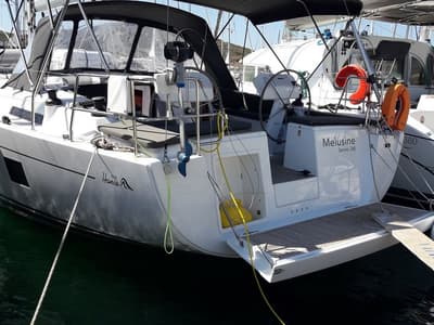 Cockpit of Melusine, a Hanse Yachts Hanse 458 sailboat at Lavreotiki Municipal Unit, Greece