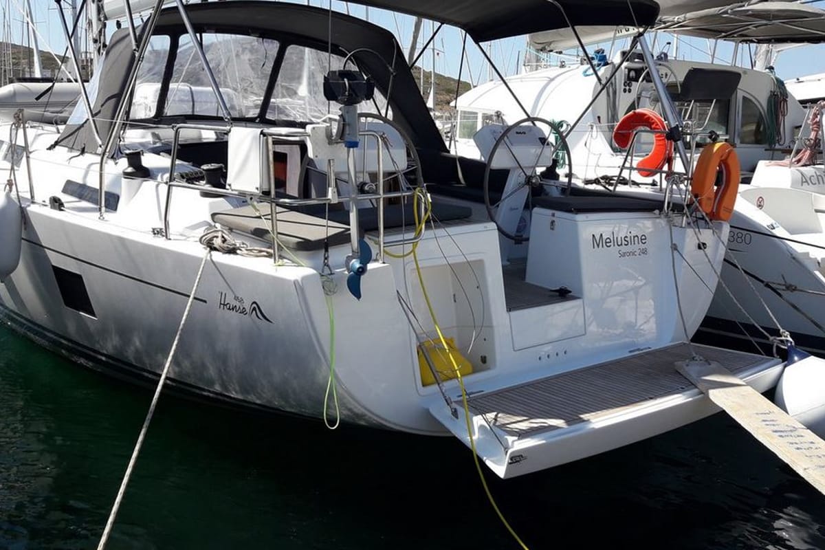 Cockpit of Melusine, a Hanse Yachts Hanse 458 sailboat at Lavreotiki Municipal Unit, Greece