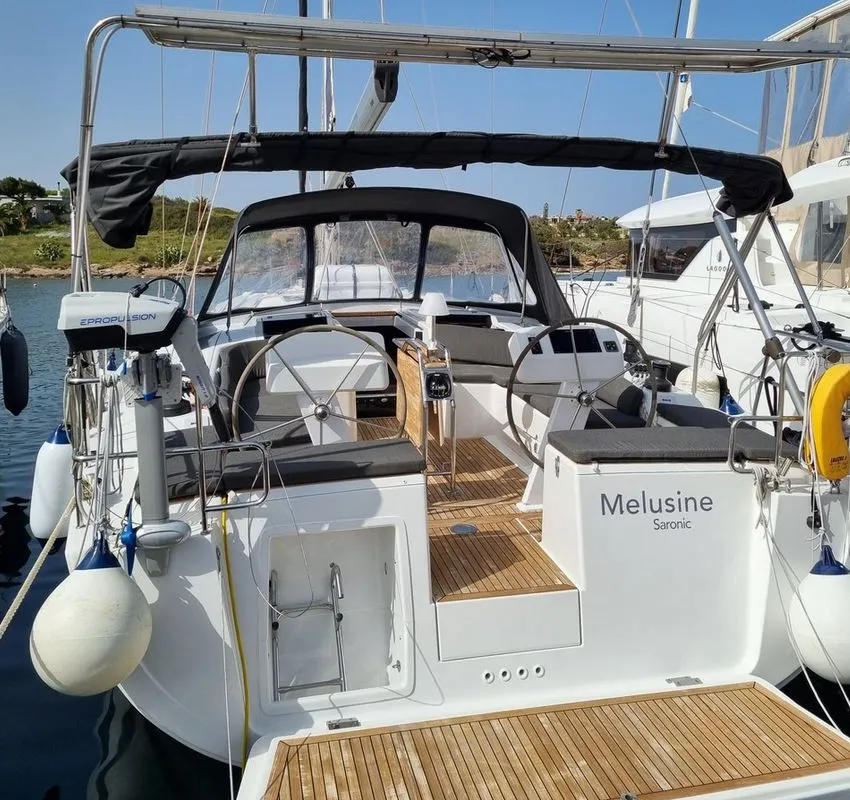 Head on Melusine, a Hanse Yachts Hanse 458 sailboat at Lavreotiki Municipal Unit, Greece