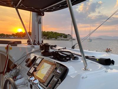 Cockpit of CATALINA, a Lagoon 40 catamaran at Athens, Greece