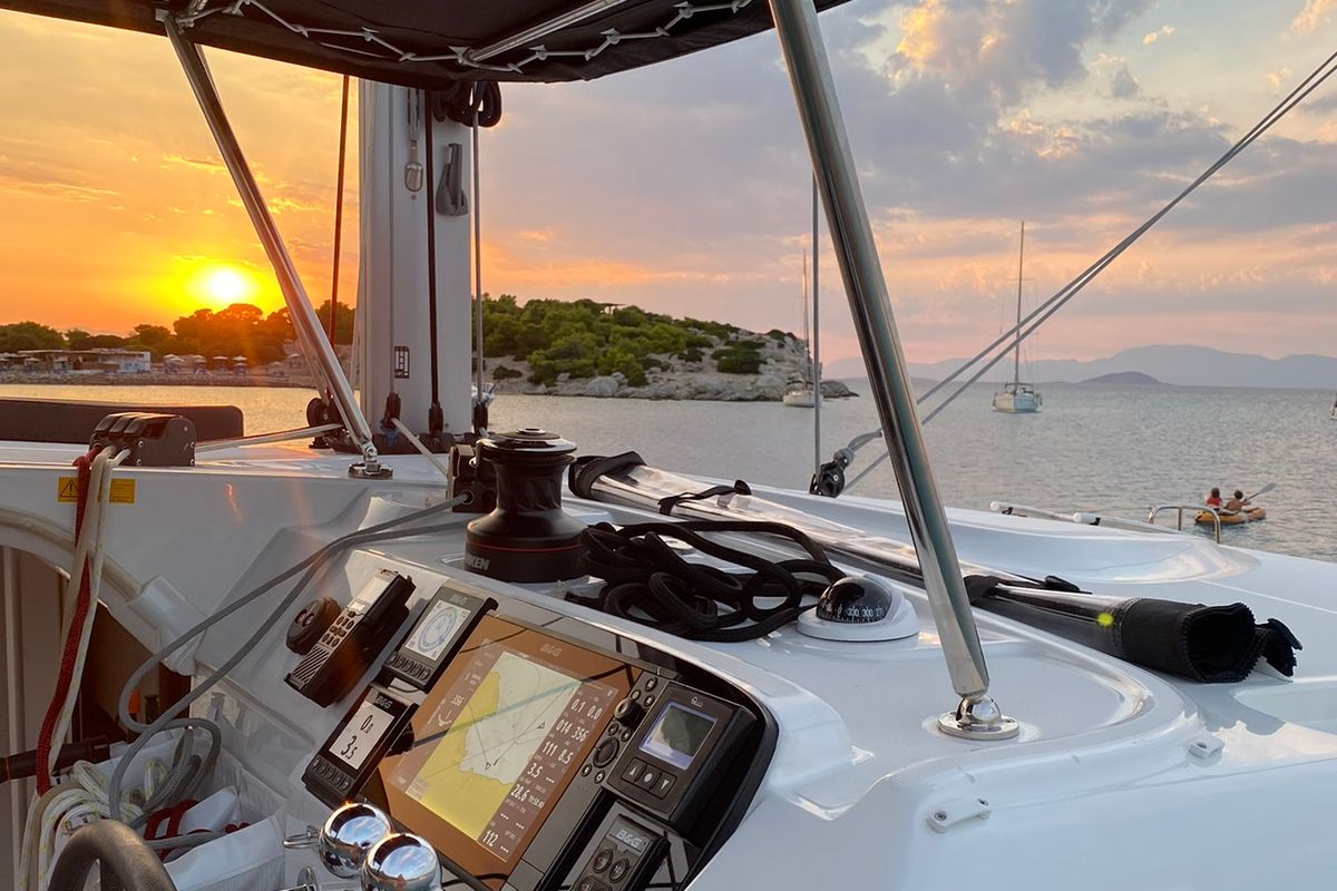 Cockpit of CATALINA, a Lagoon 40 catamaran at Athens, Greece