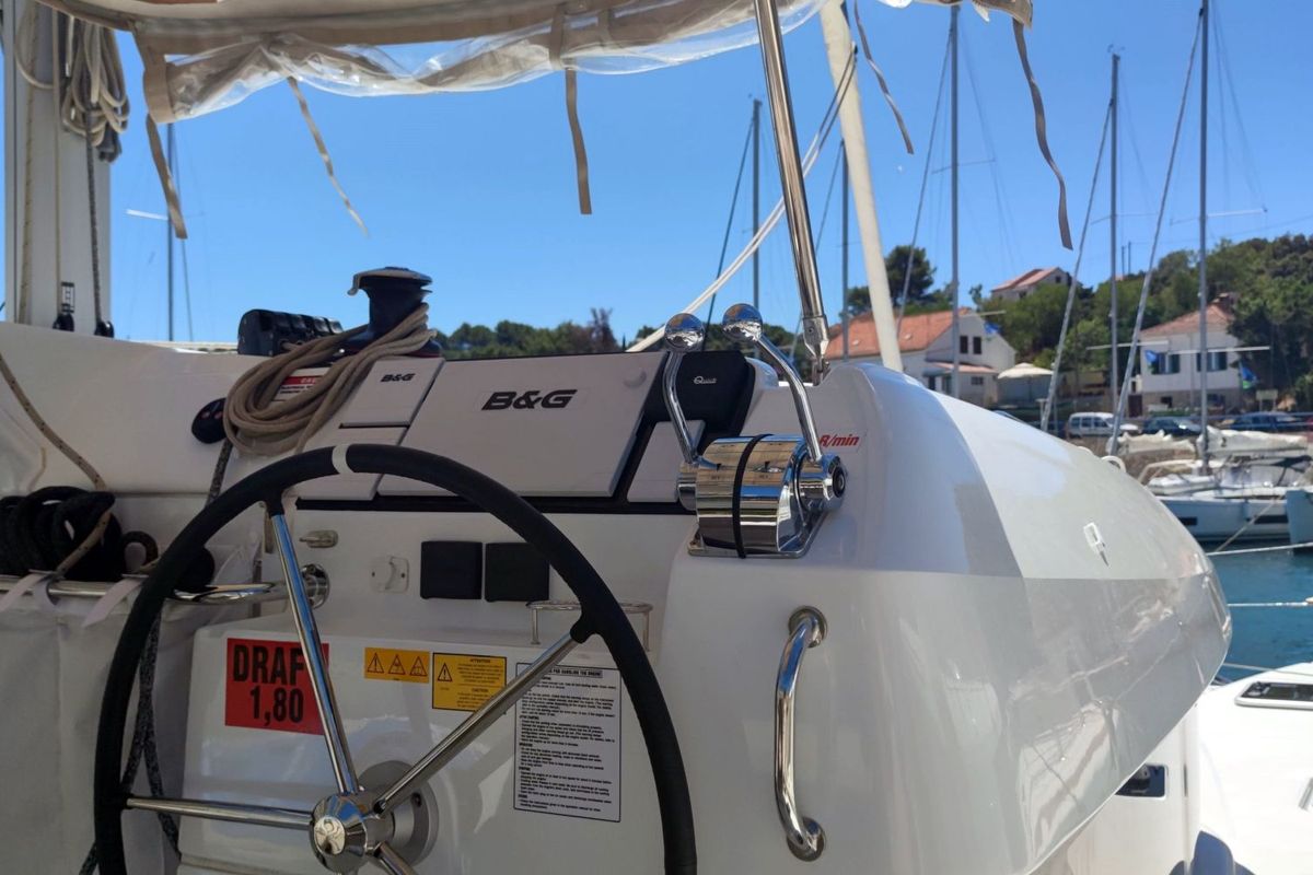 Cockpit of Solentia, a Lagoon 40 catamaran at Rogač, Croatia