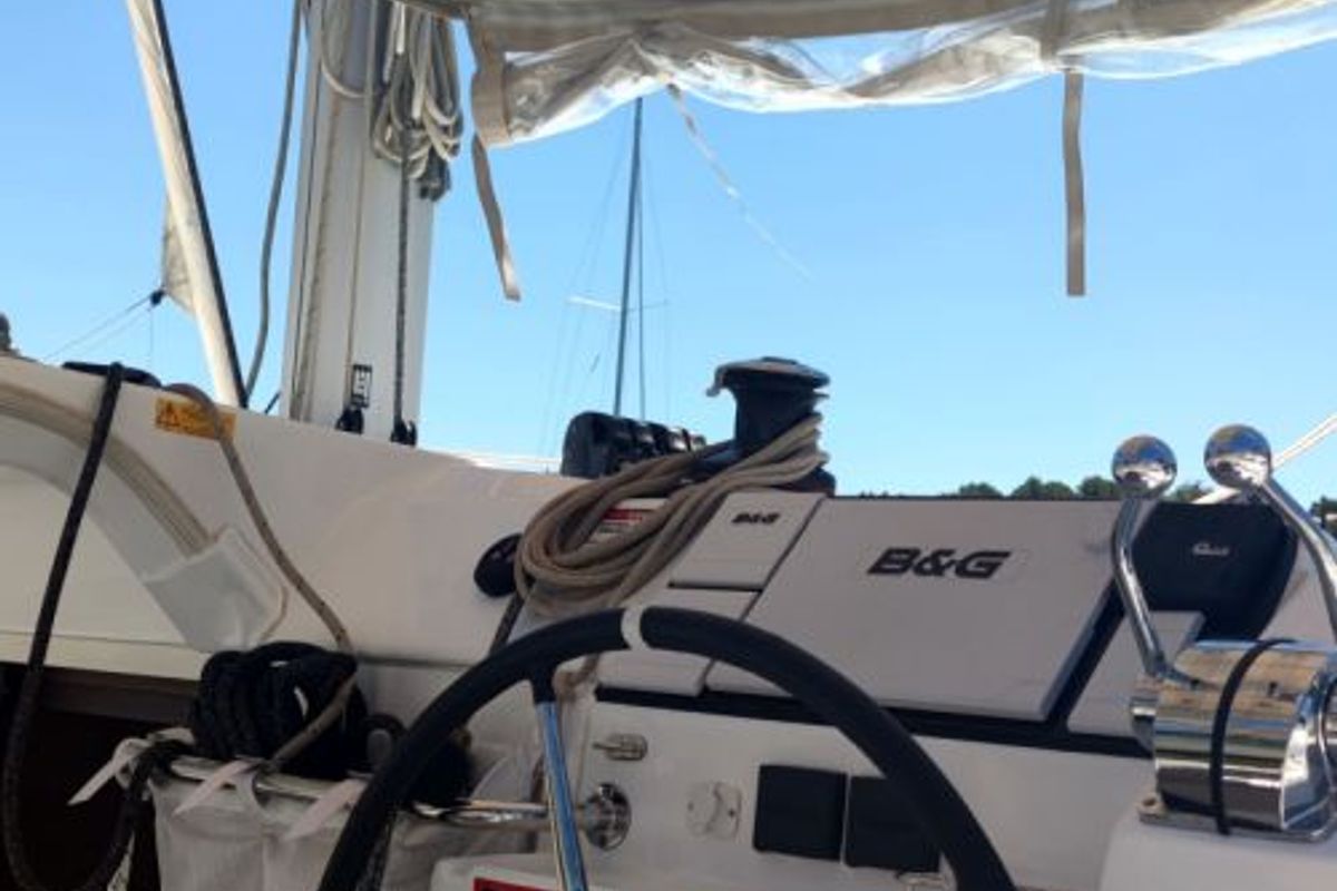 Cockpit of Solentia, a Lagoon 40 catamaran at Rogač, Croatia