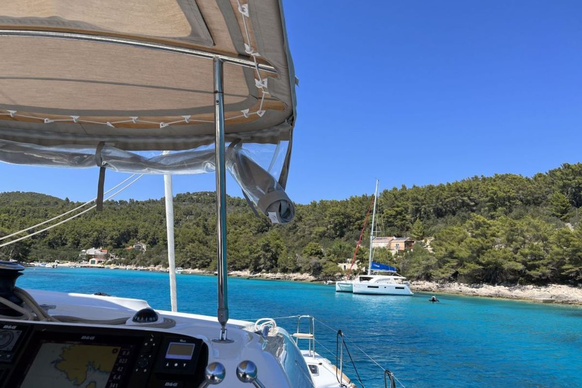 Cockpit of Solentia, a Lagoon 40 catamaran at Rogač, Croatia