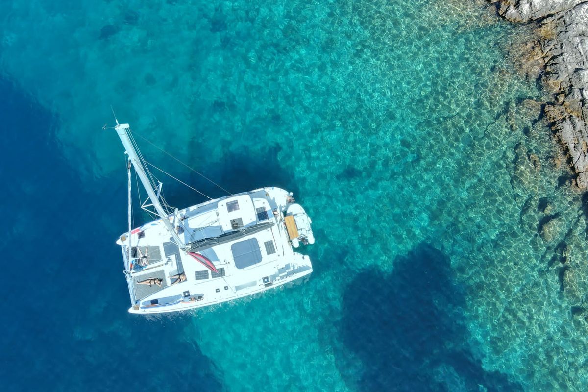 Exterior view of Felix Finis, a Lagoon 450 Sport catamaran at Azam Marina, Tanzania