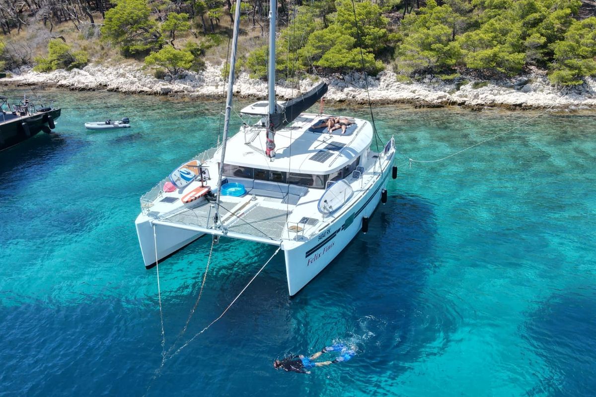 Exterior view of Felix Finis, a Lagoon 450 Sport catamaran at Azam Marina, Tanzania