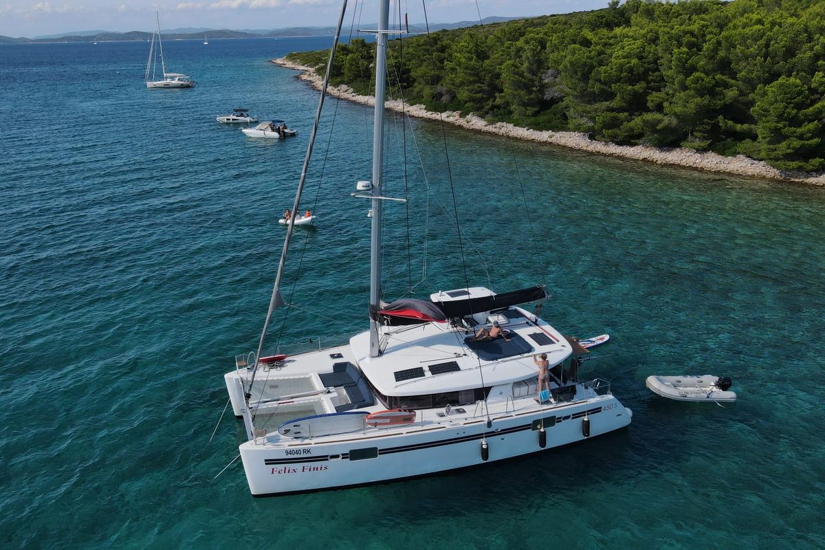 Exterior view of Felix Finis, a Lagoon 450 Sport catamaran at Azam Marina, Tanzania