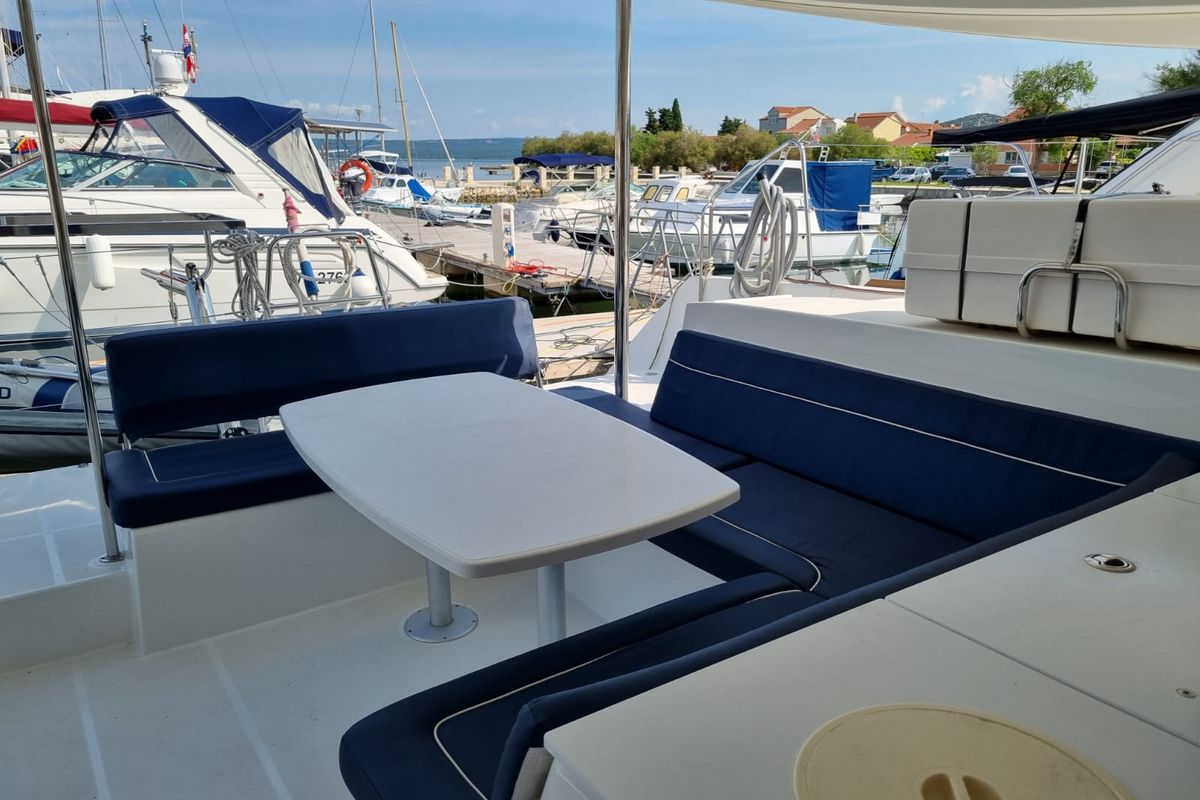 Deck of Felix Finis, a Lagoon 450 Sport catamaran at Azam Marina, Tanzania