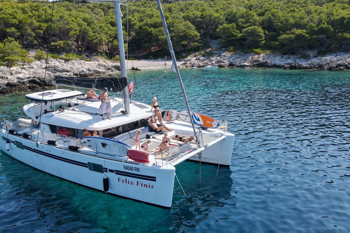 Exterior view of Felix Finis, a Lagoon 450 Sport catamaran at Azam Marina, Tanzania
