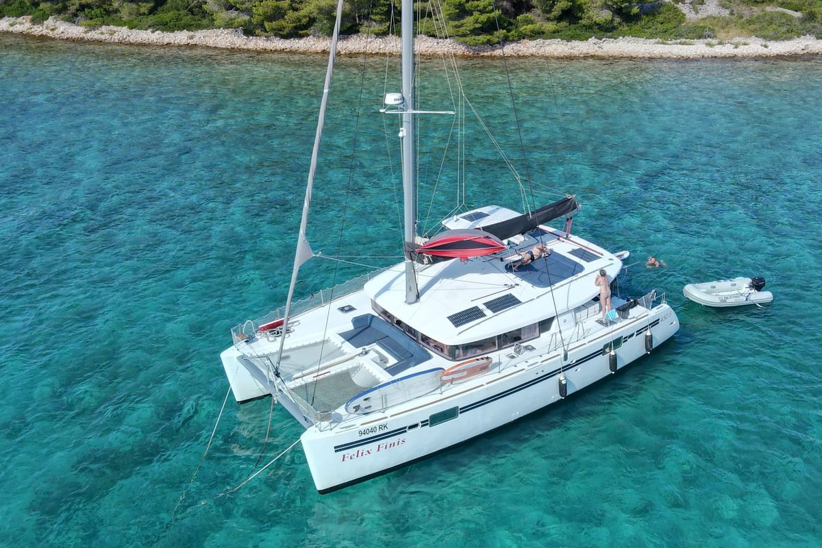 Exterior view of Felix Finis, a Lagoon 450 Sport catamaran at Azam Marina, Tanzania