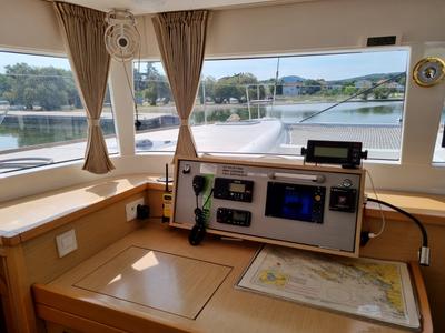 Cockpit of Felix Finis, a Lagoon 450 Sport catamaran at Azam Marina, Tanzania