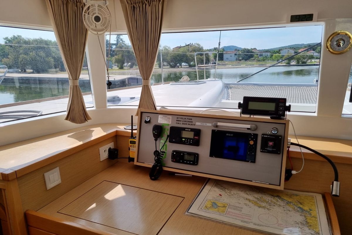 Cockpit of Felix Finis, a Lagoon 450 Sport catamaran at Azam Marina, Tanzania