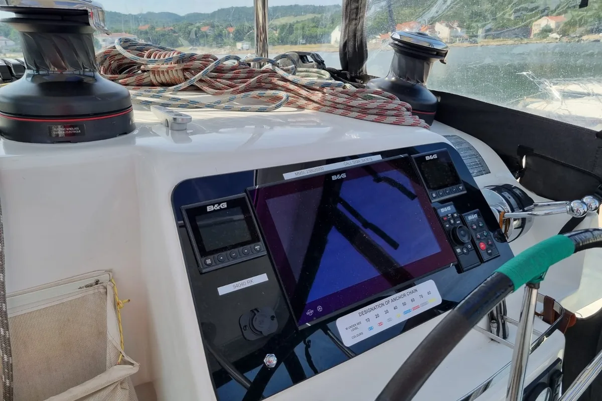 Cockpit of Felix Finis, a Lagoon 450 Sport catamaran at Azam Marina, Tanzania
