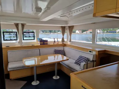 Salon of Felix Finis, a Lagoon 450 Sport catamaran at Azam Marina, Tanzania