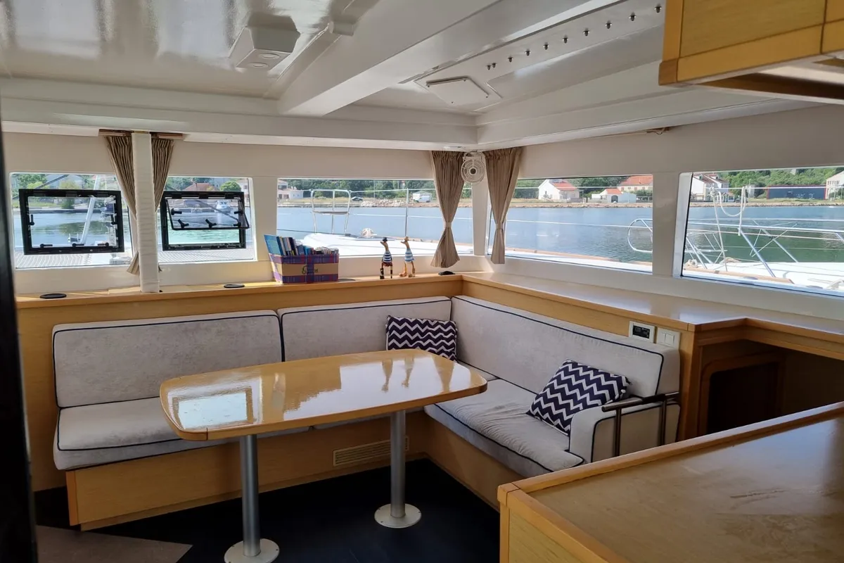 Salon of Felix Finis, a Lagoon 450 Sport catamaran at Azam Marina, Tanzania