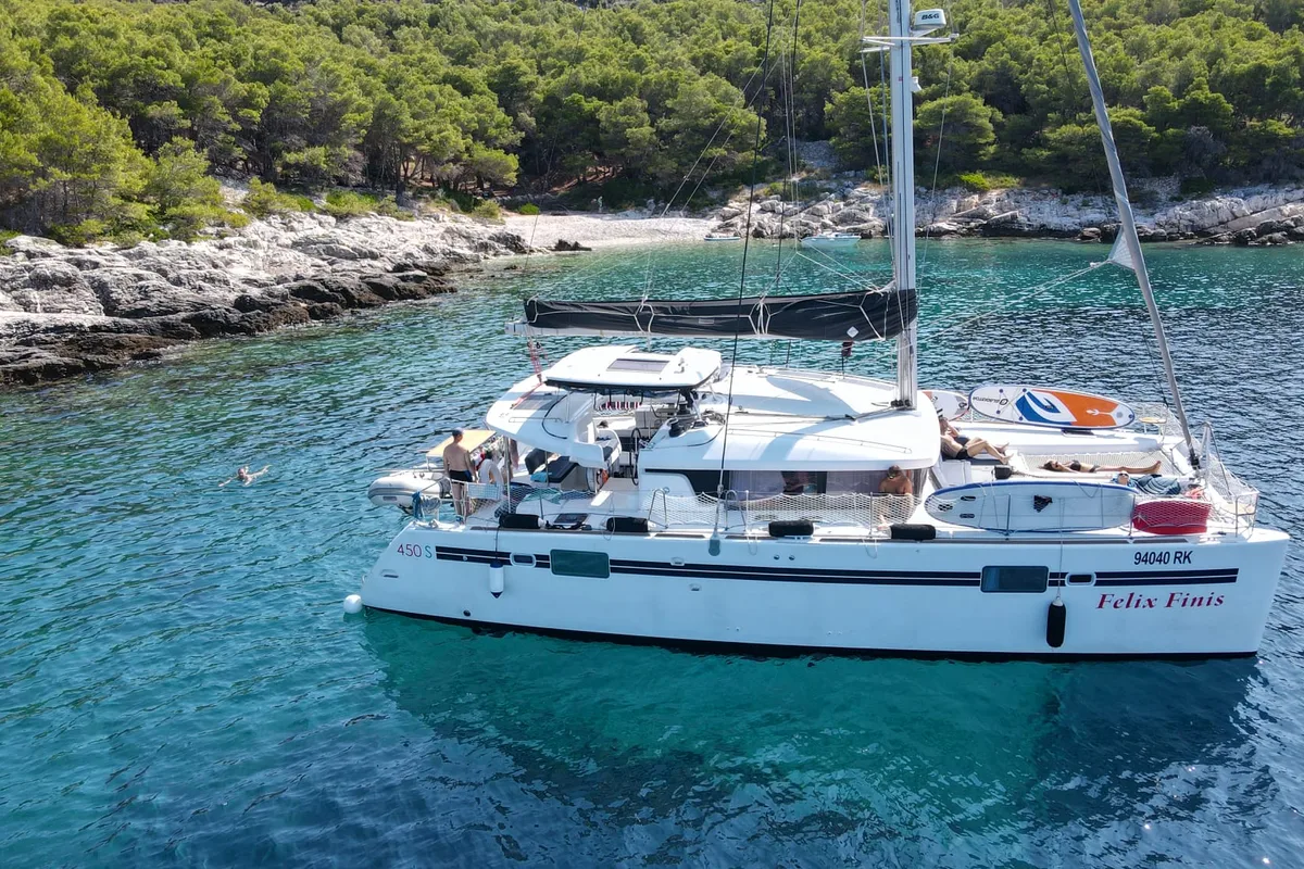Exterior view of Felix Finis, a Lagoon 450 Sport catamaran at Azam Marina, Tanzania