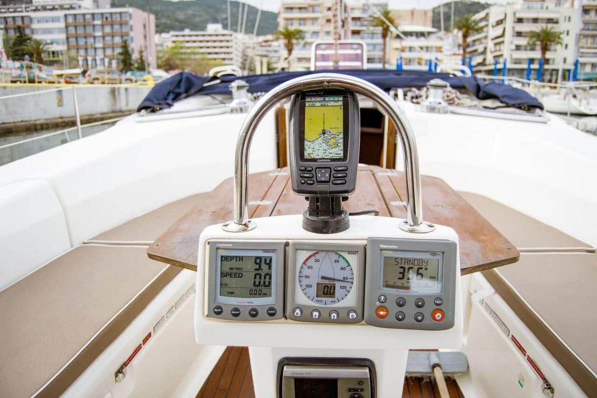 Cockpit of Okyrroy, a Bavaria 40 sailboat at Kavala, Greece