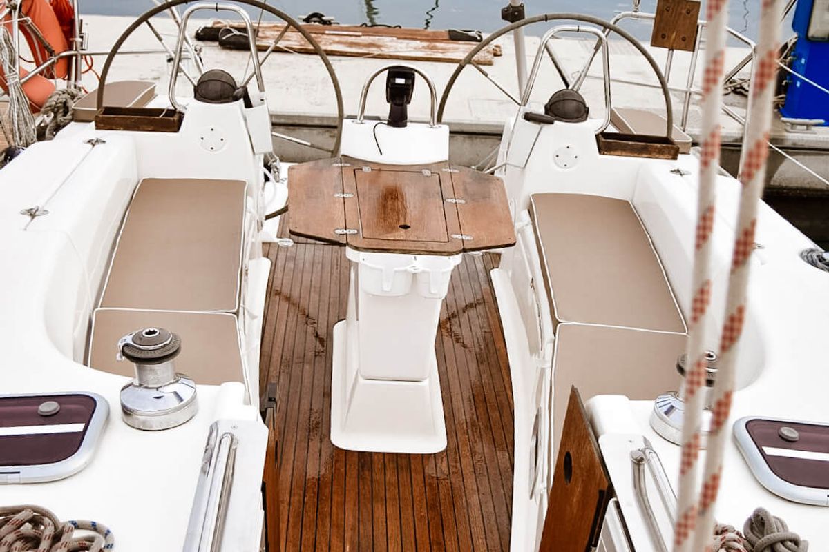 Cockpit of Okyrroy, a Bavaria 40 sailboat at Kavala, Greece