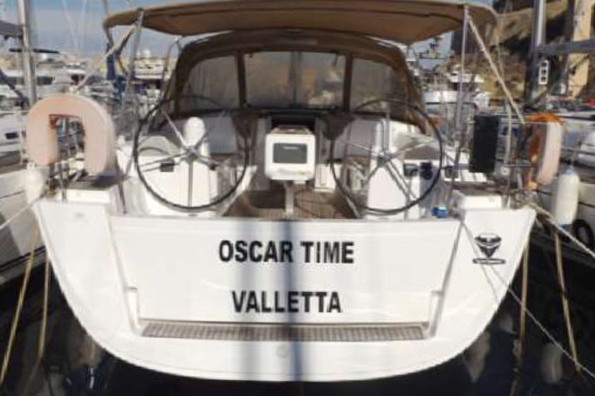 Exterior view of Oscar Time, a Dufour 450 Grand Large sailboat at Kalkara, Malta