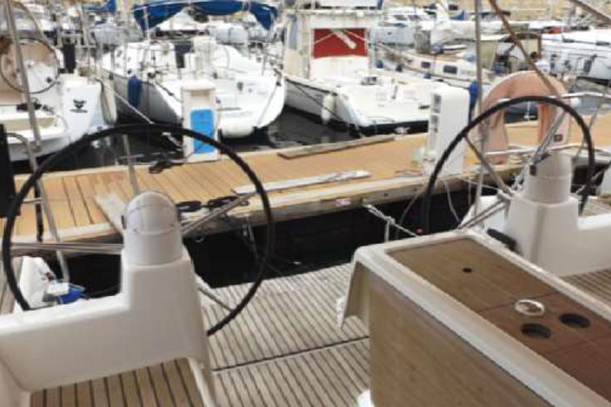 Cockpit of Oscar Time, a Dufour 450 Grand Large sailboat at Kalkara, Malta