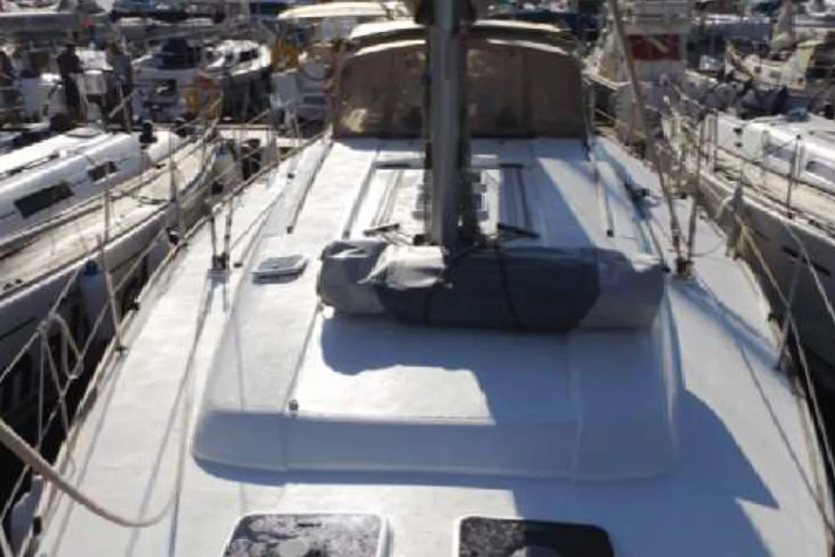 Deck of Oscar Time, a Dufour 450 Grand Large sailboat at Kalkara, Malta
