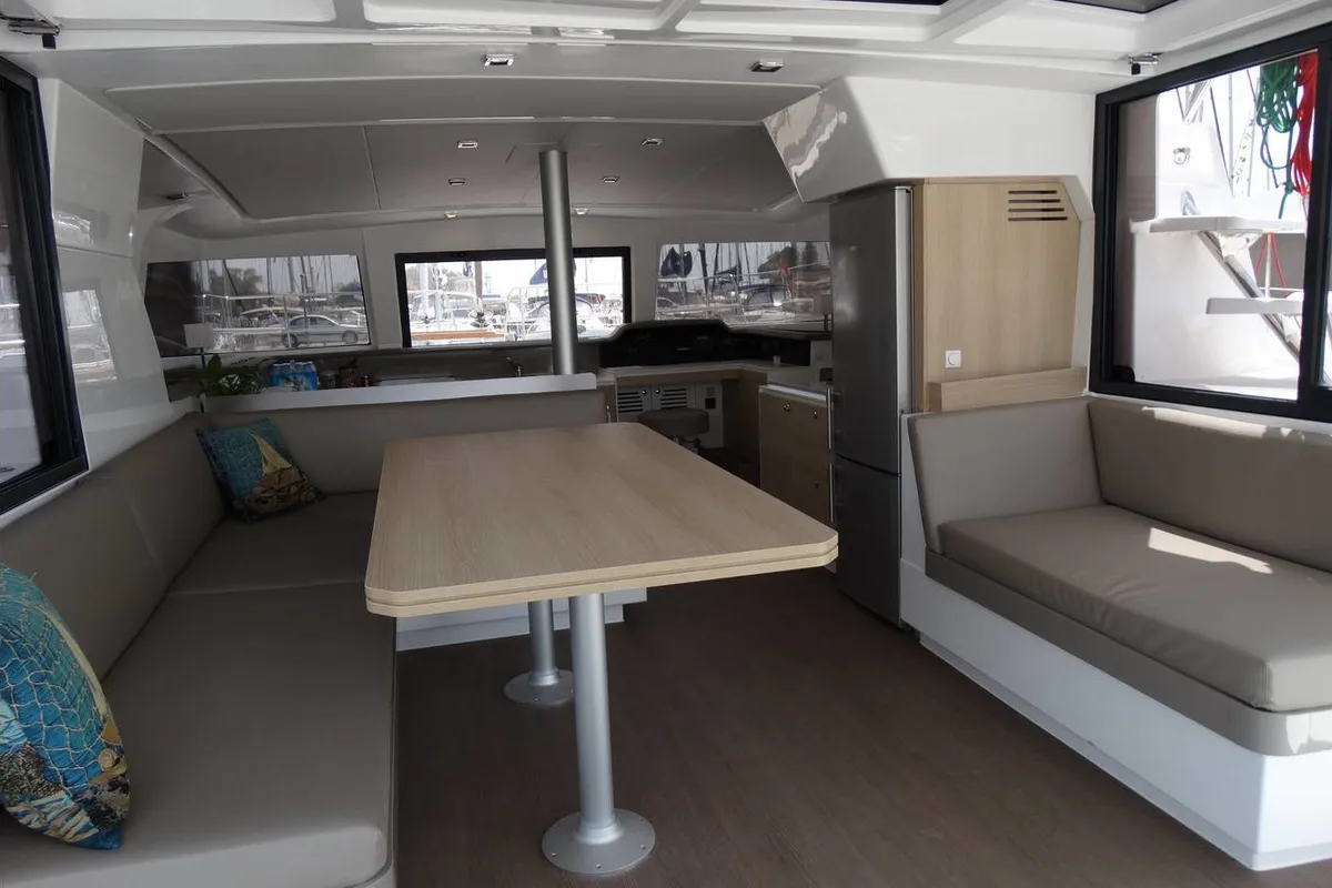 Salon of FUNSEA, a Bali 4.1 catamaran at Municipal Unit of Lefkada, Greece