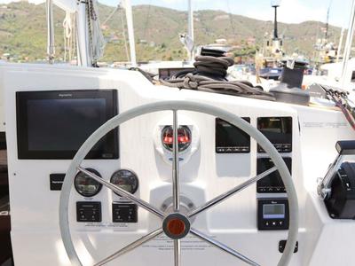 Cockpit of Wish You Were Here, a Fountaine Pajot Lucia 40 catamaran at Road Town, British Virgin Islands