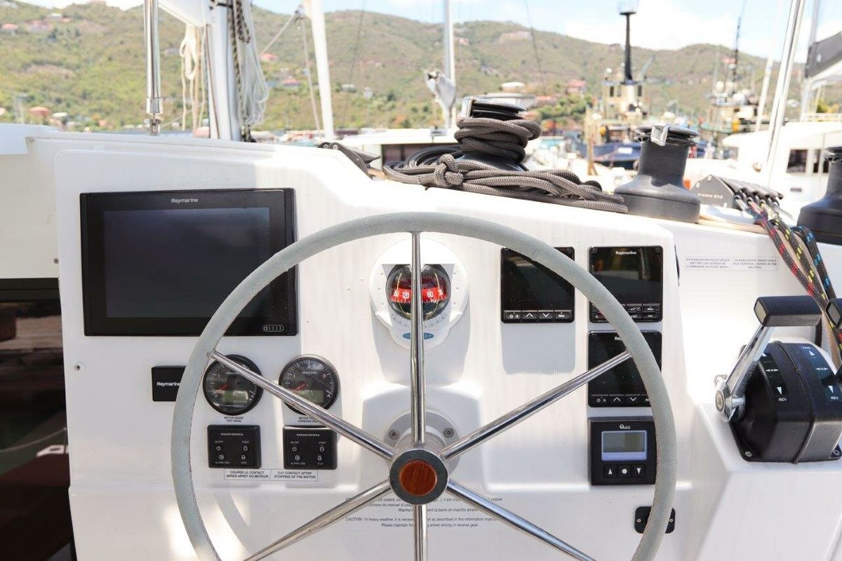 Cockpit of Wish You Were Here, a Fountaine Pajot Lucia 40 catamaran at Road Town, British Virgin Islands
