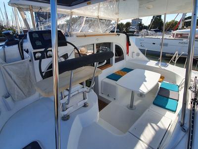 Cockpit of Tarawa III, a Lagoon 380 catamaran at Hyères, France