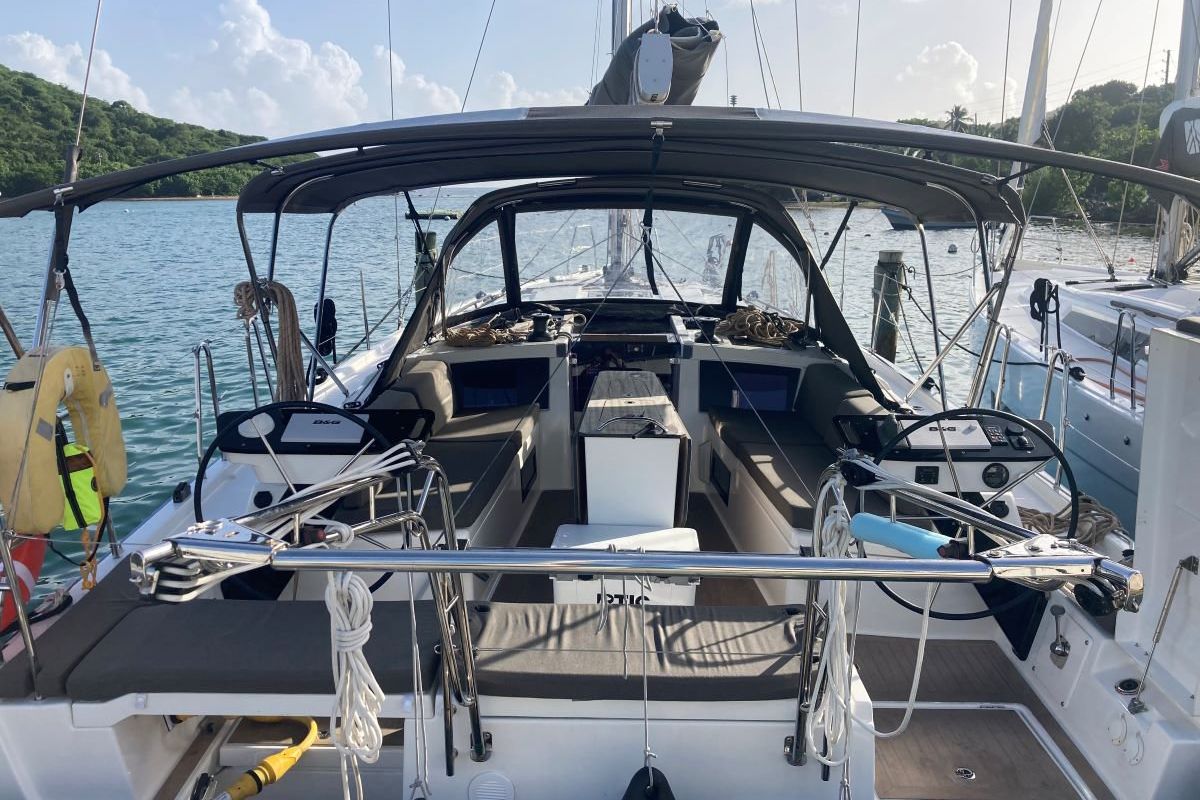 Cockpit of Seabreeze Smile, a Dufour 41 sailboat at Charlotte Amalie, United States