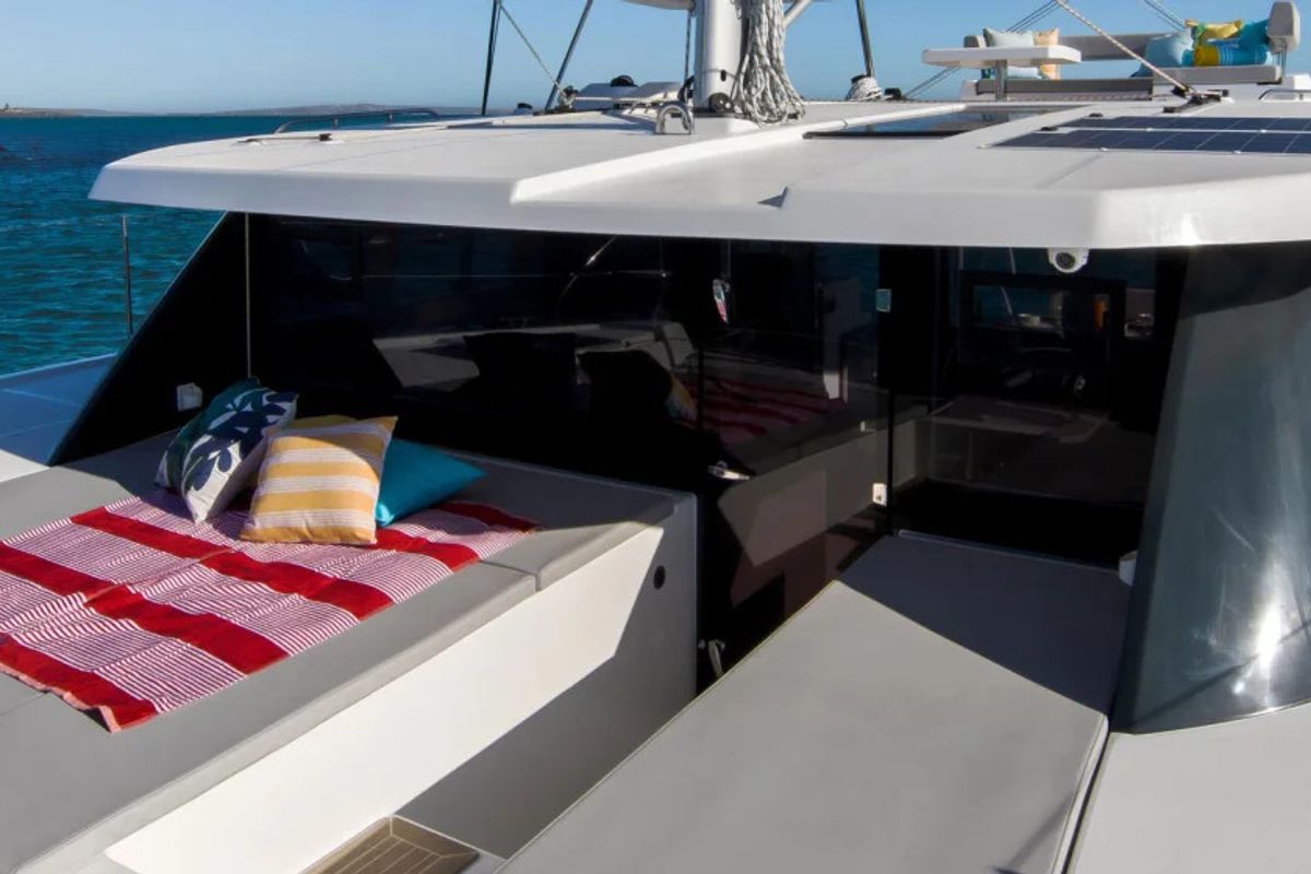 Deck of Moorings 4200/3 Exclusive Plus, a Leopard 42 catamaran at Grand Anse, Grenada