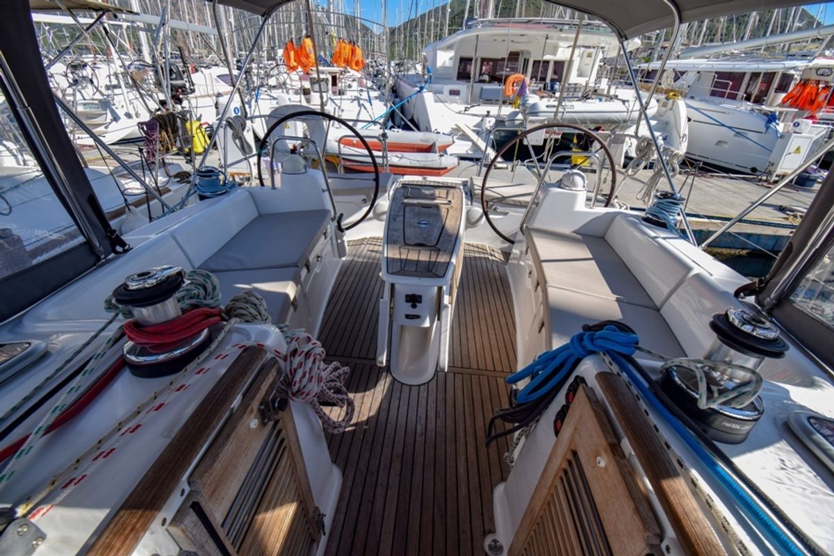 Cockpit of Zezo, a Beneteau Oceanis 40 sailboat at Marmaris, Turkey
