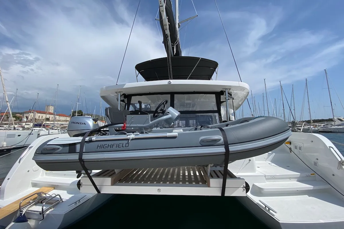 Exterior view of RURU, a Lagoon 46 catamaran at Grad Šibenik, Croatia