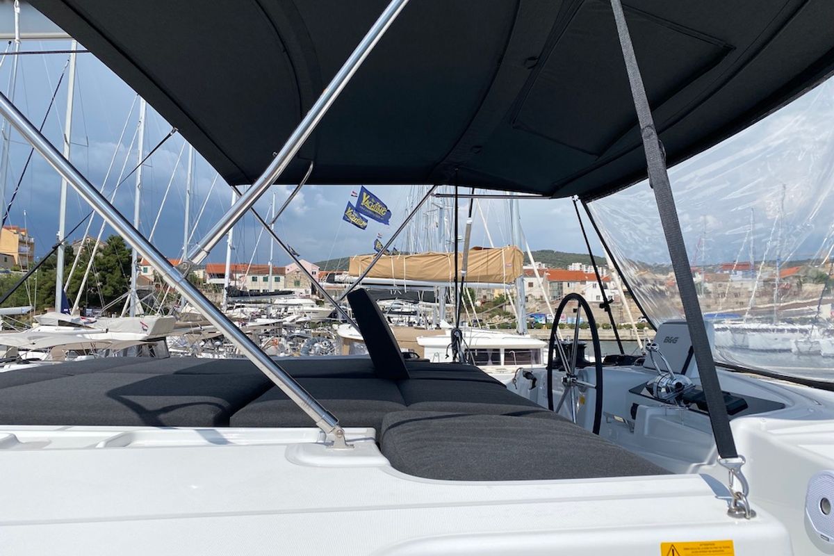 Cockpit of RURU, a Lagoon 46 catamaran at Grad Šibenik, Croatia