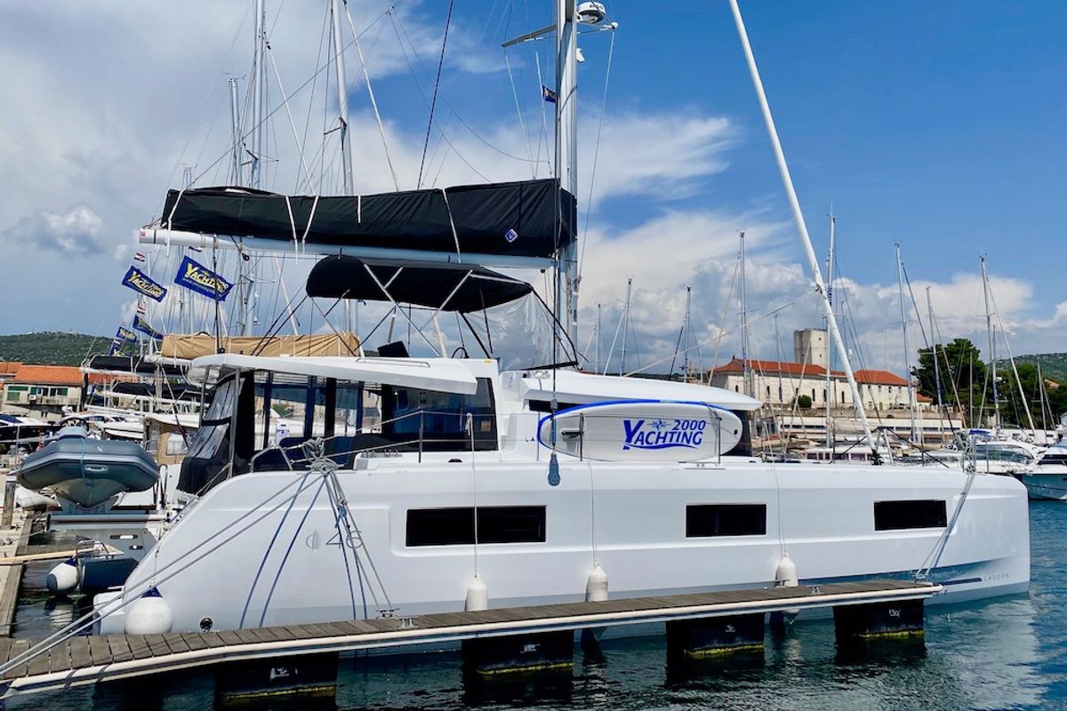 Exterior view of RURU, a Lagoon 46 catamaran at Grad Šibenik, Croatia