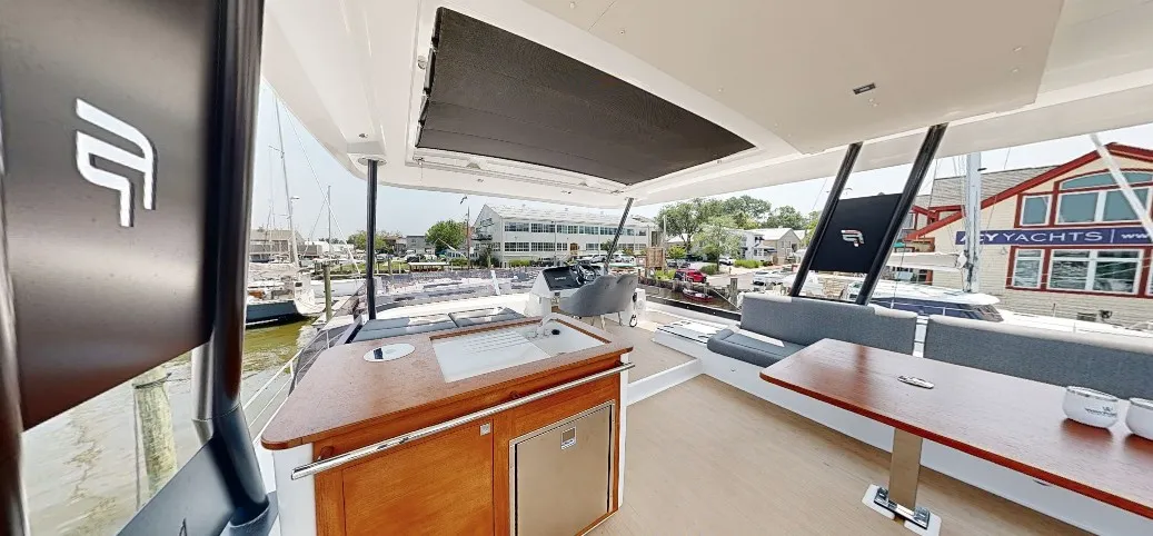 Deck of La Dolce Vita, a Fountaine Pajot MY6 catamaran at Chesapeake, United States