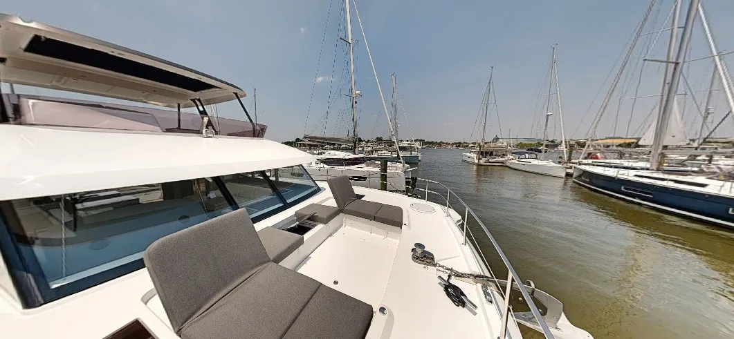 Deck of La Dolce Vita, a Fountaine Pajot MY6 catamaran at Chesapeake, United States