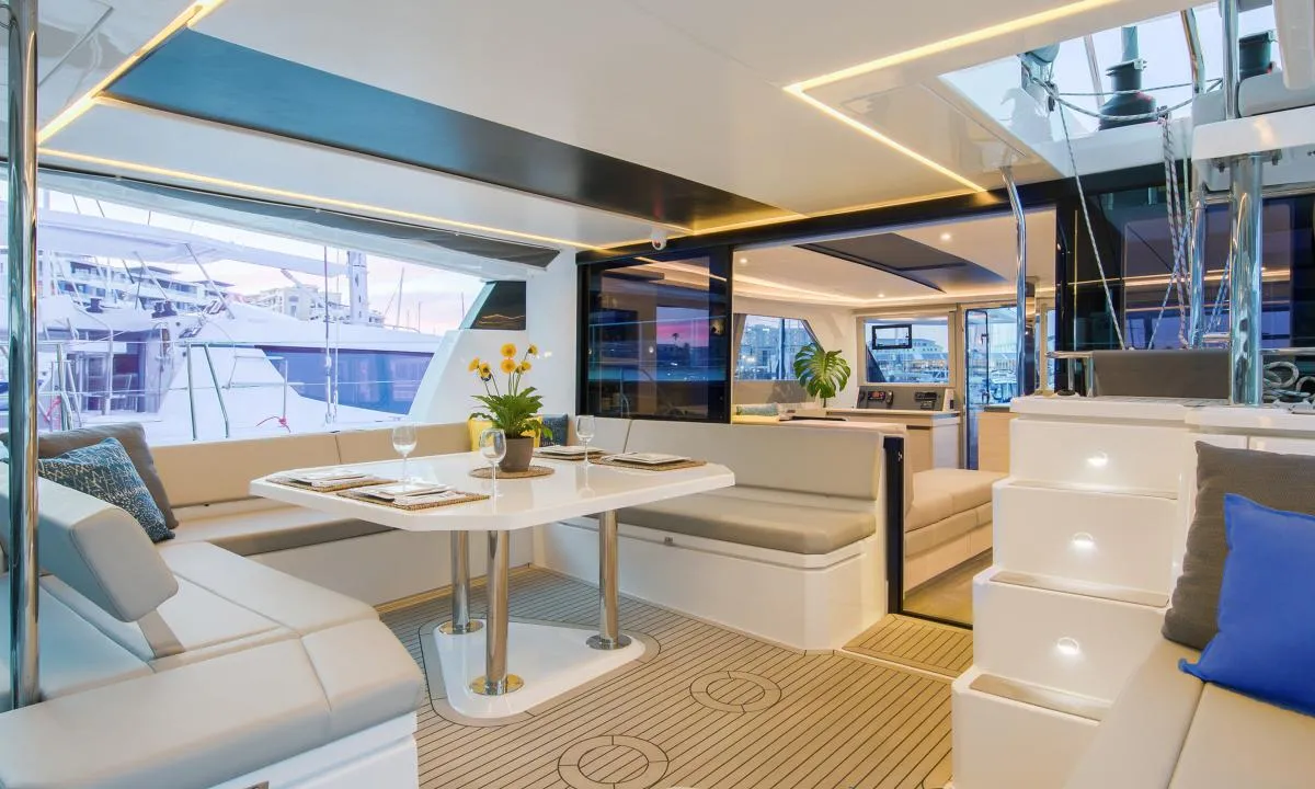Salon of Moorings 5000 Exclusive, a Leopard 50 catamaran at Marigot, France