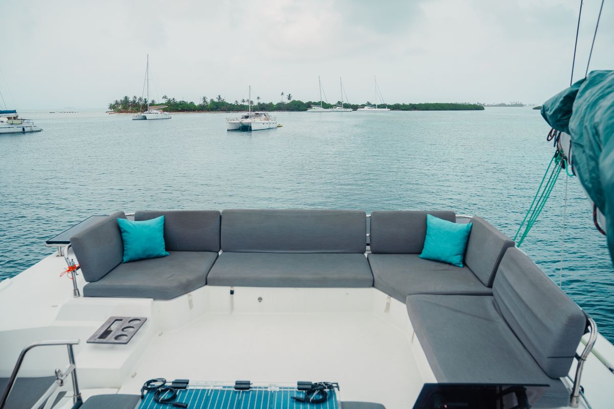 Deck of Batamaran, a Fountaine Pajot Elba 45 catamaran at San Blas, Panama