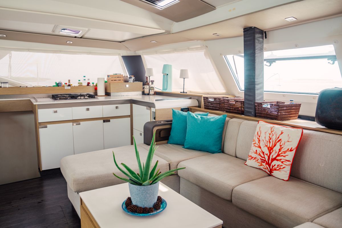 Salon of Batamaran, a Fountaine Pajot Elba 45 catamaran at San Blas, Panama