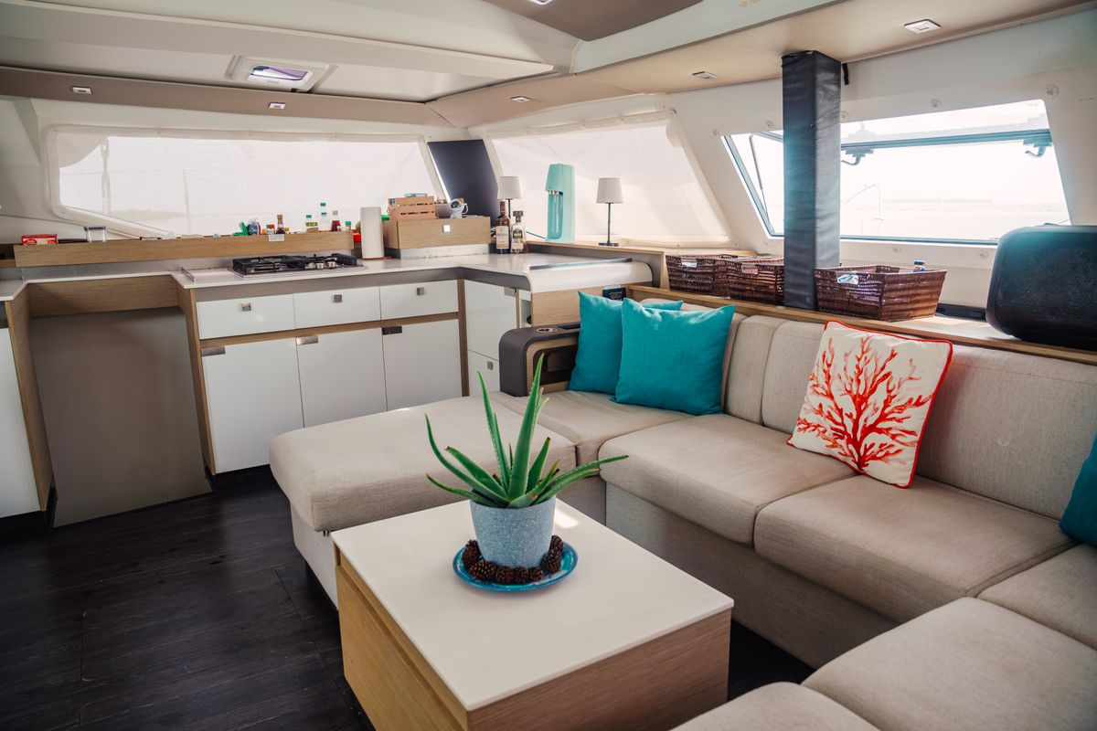 Salon of Batamaran, a Fountaine Pajot Elba 45 catamaran at San Blas, Panama