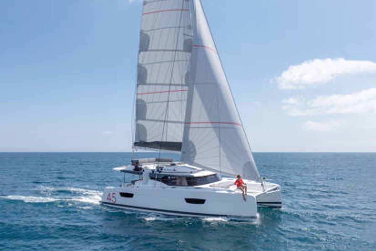 Exterior view of Caramita, a Fountaine Pajot Elba 45 catamaran at Punat, Croatia