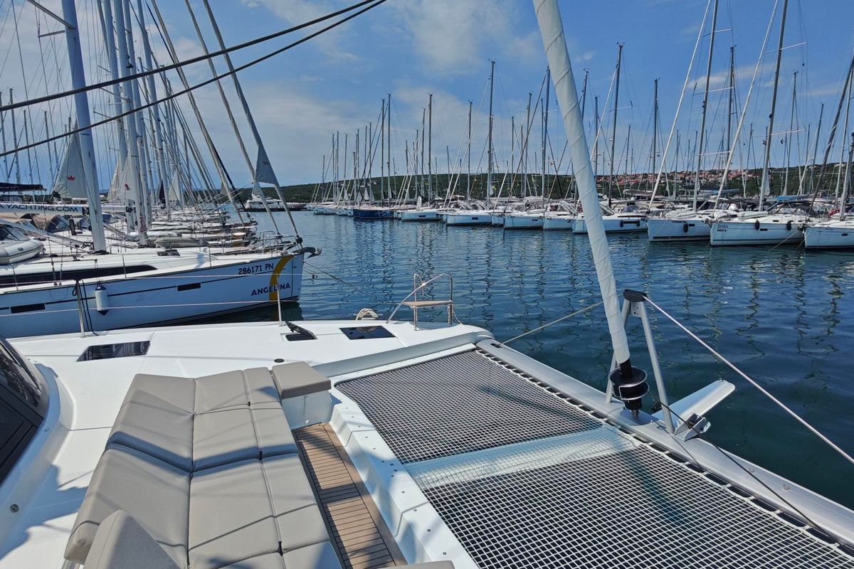 Deck of Caramita, a Fountaine Pajot Elba 45 catamaran at Punat, Croatia
