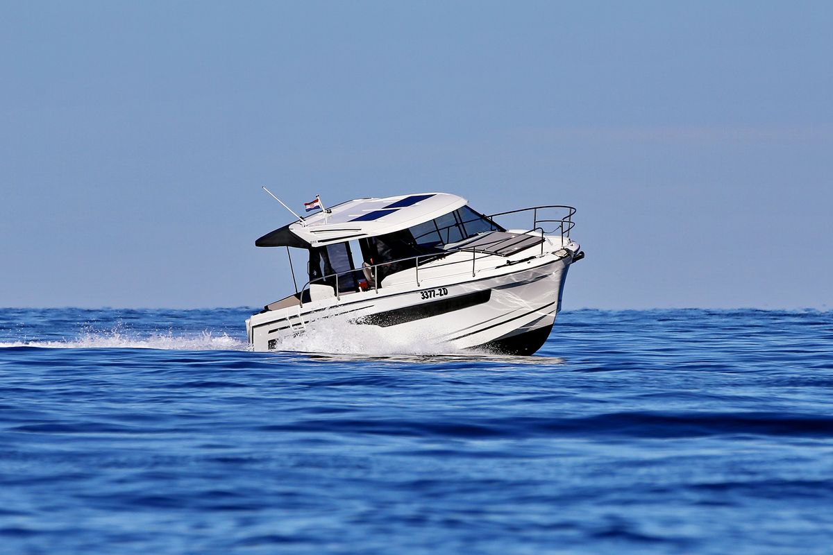 Exterior view of Bepo, a Jeanneau Merry Fisher 895 motorboat at Zadar, Croatia
