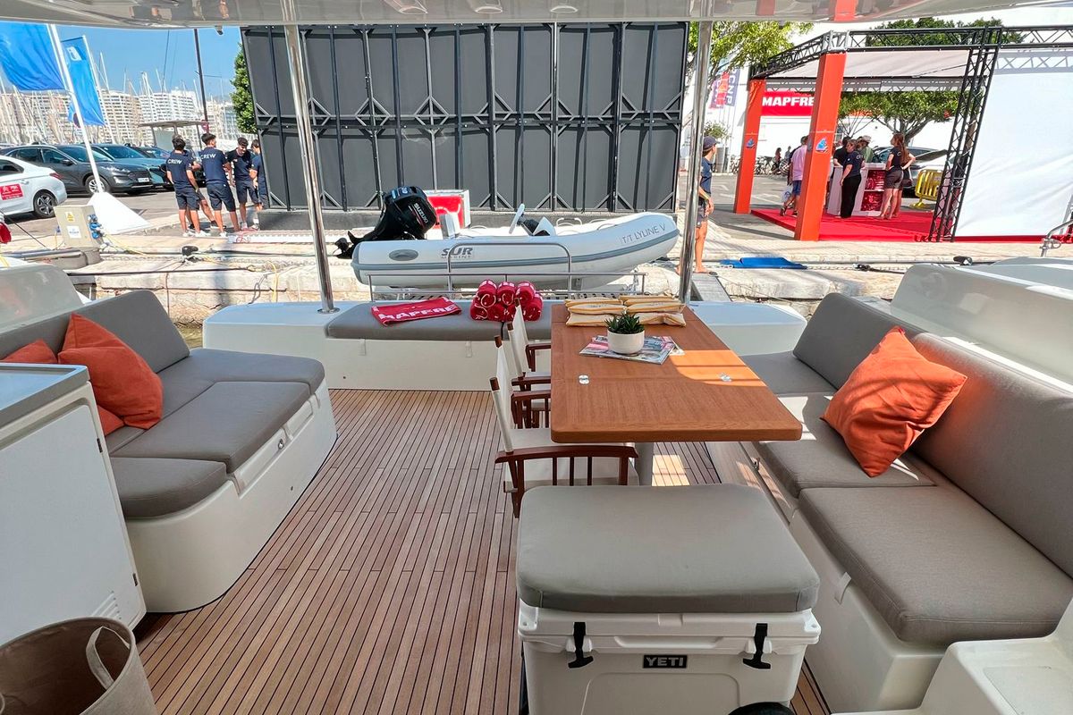 Deck of Patagonia, a Lagoon 50 catamaran at Ibiza, Spain