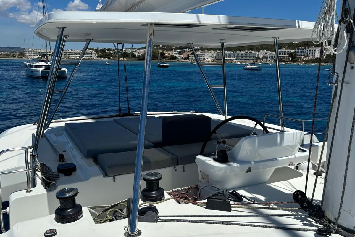 Cockpit of Patagonia, a Lagoon 50 catamaran at Ibiza, Spain