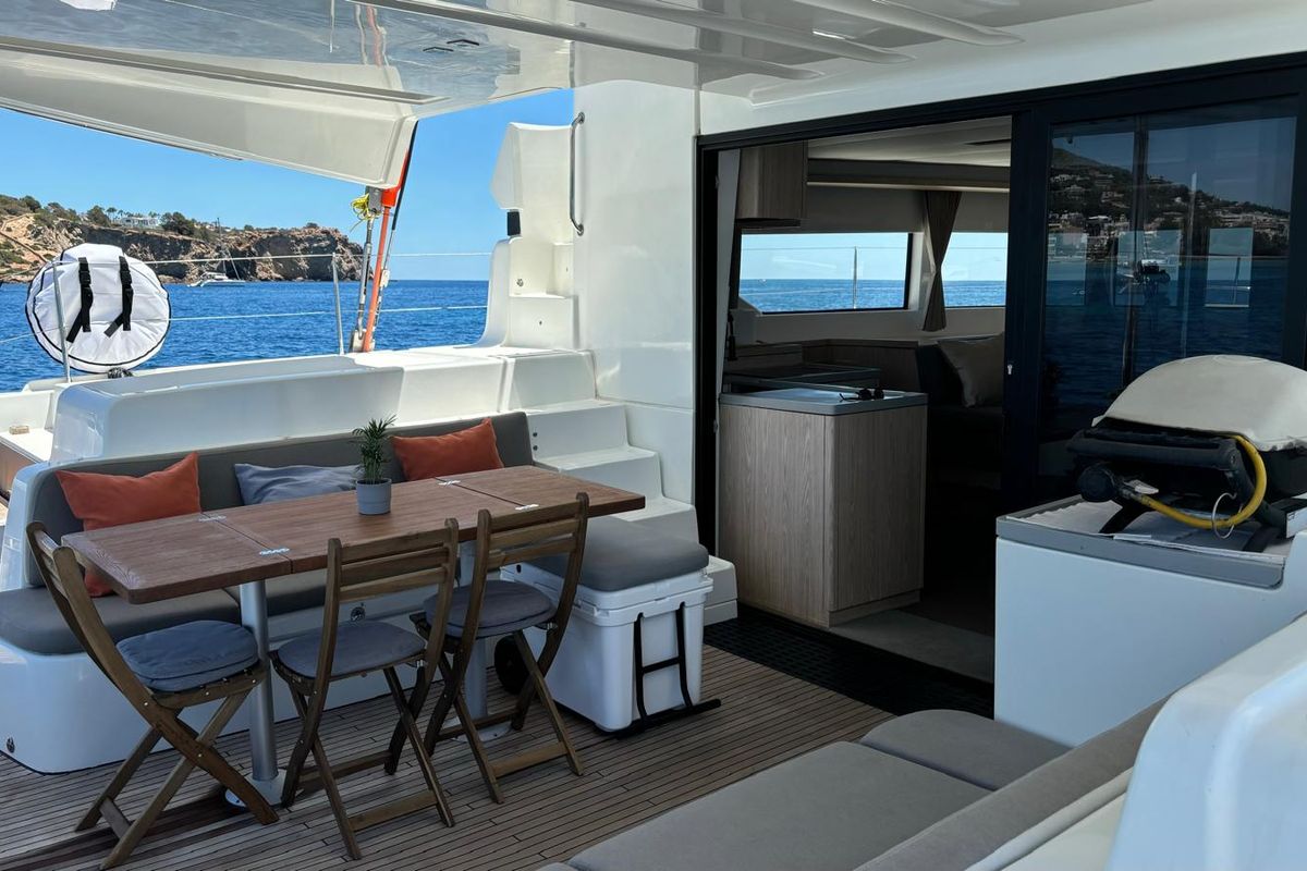 Deck of Patagonia, a Lagoon 50 catamaran at Ibiza, Spain