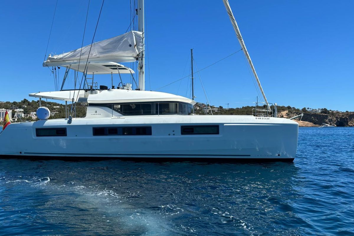 Exterior view of Patagonia, a Lagoon 50 catamaran at Ibiza, Spain