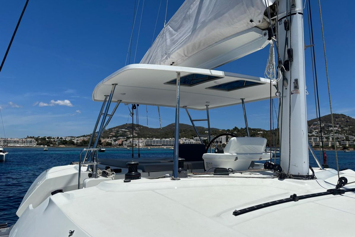 Cockpit of Patagonia, a Lagoon 50 catamaran at Ibiza, Spain